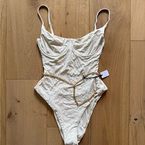 NWT WeWoreWhat One Piece Swimsuit with Eyelet and Gold Chain Belt Detail